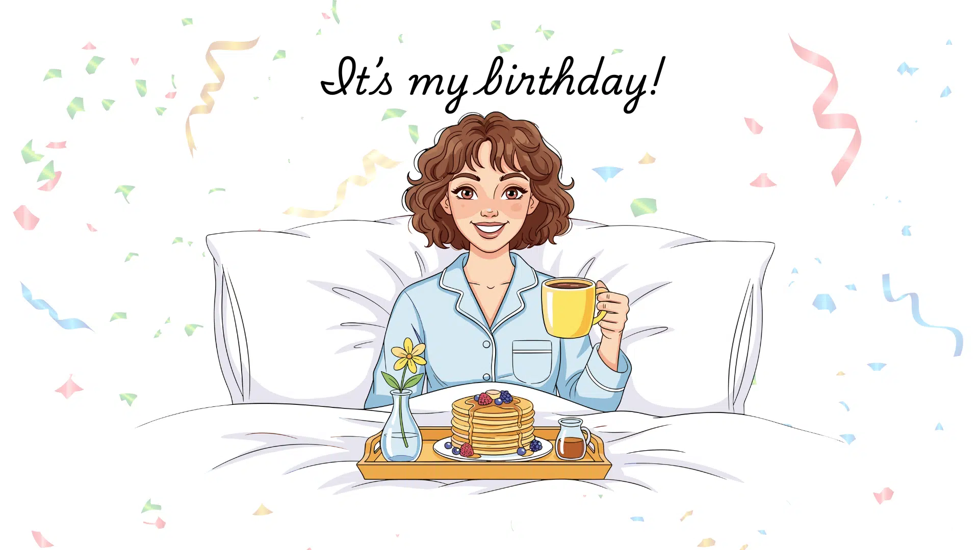 Illustration of a smiling woman in pajamas in bed holding a yellow mug, with a breakfast tray of pancakes and a flower with the text It's my birthday