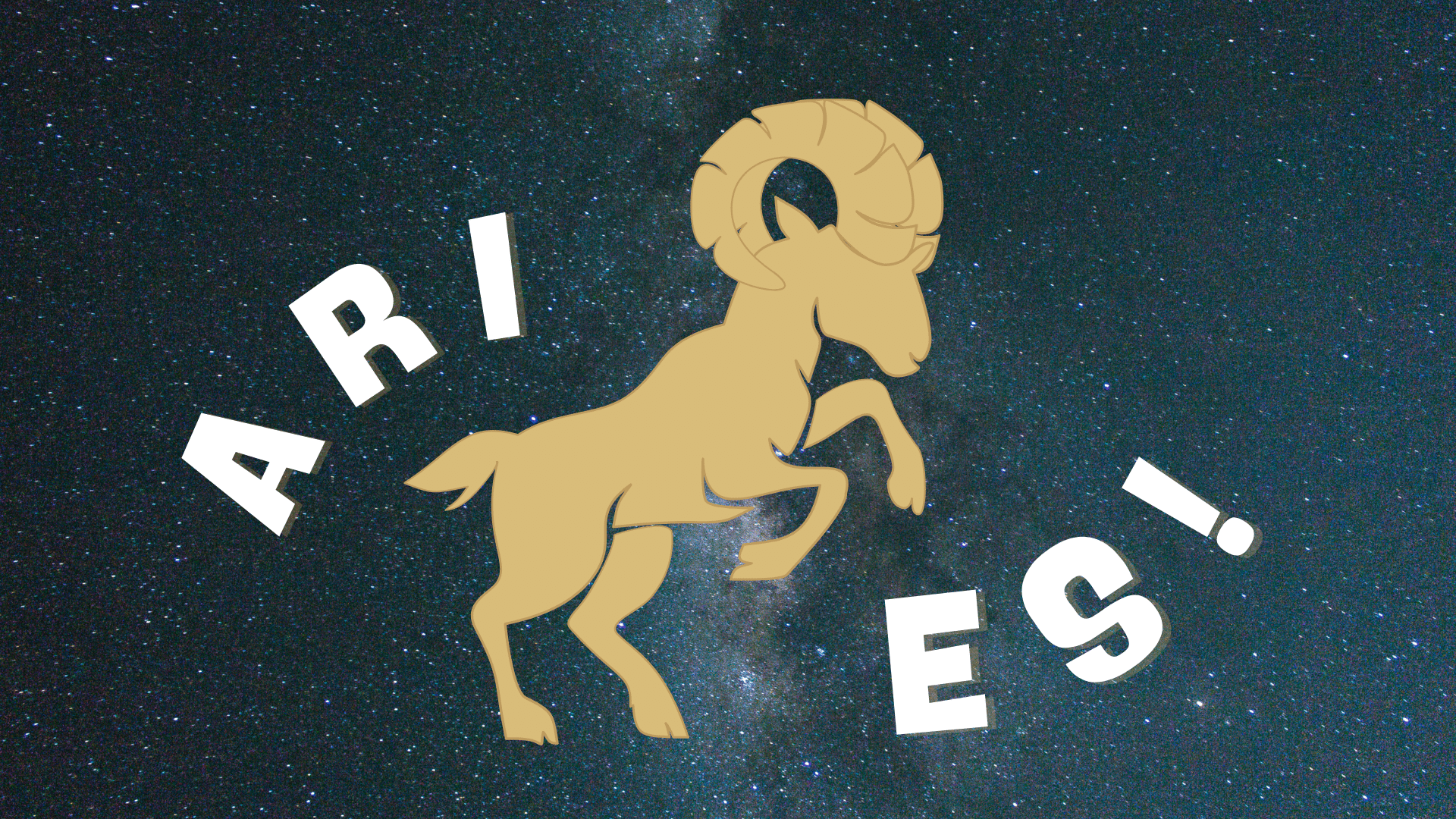 Illustration of the Aries zodiac sign showing a golden ram on a starry night sky background with the word “Aries” spaced around it