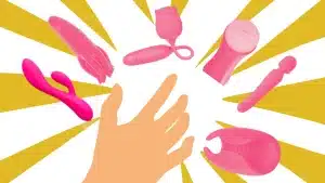 Illustration of various pink masturbation toys showing a hand reaching out to them on a bright yellow background representing self pleasure