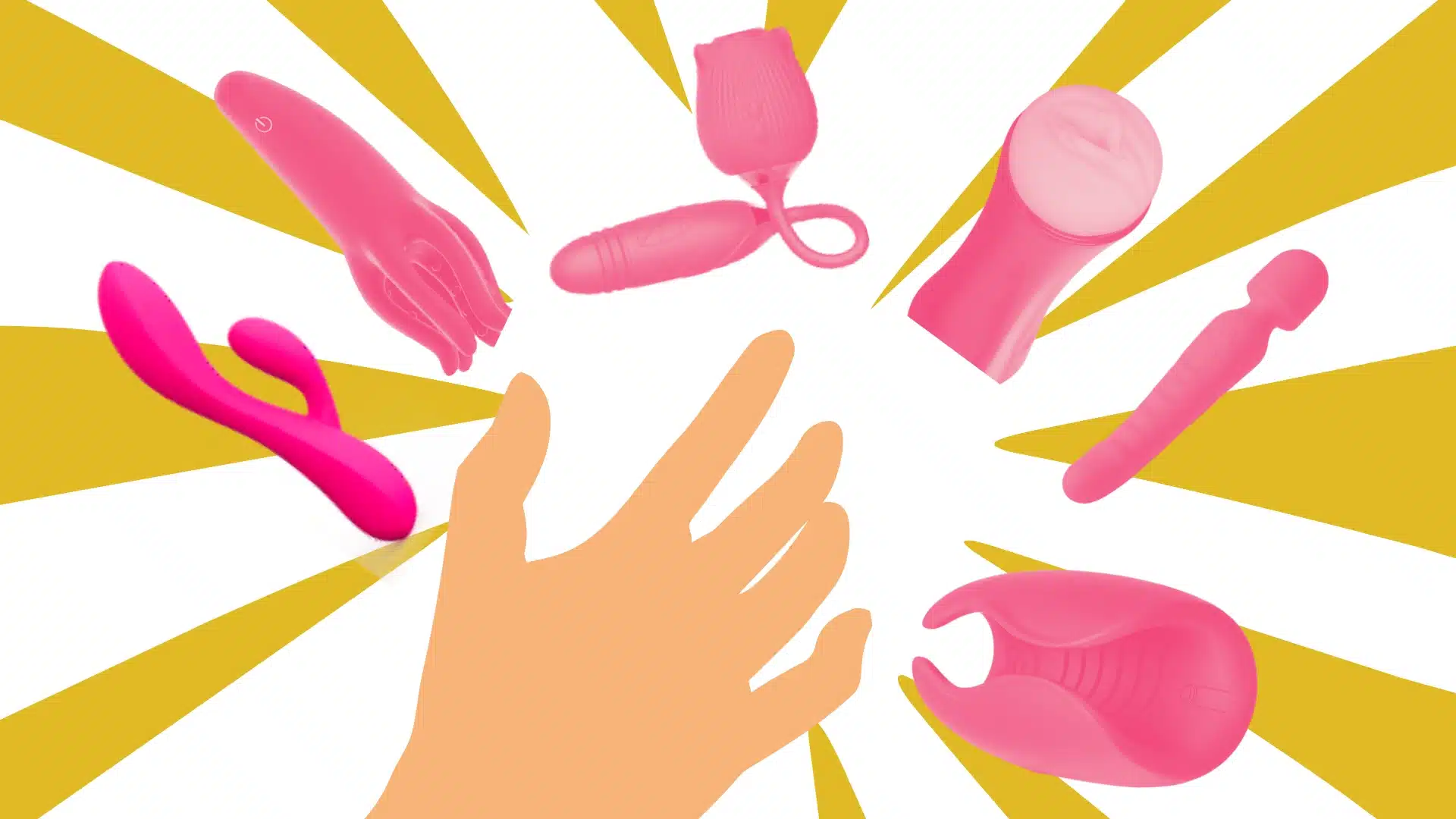 Illustration of various pink masturbation toys showing a hand reaching out to them on a bright yellow background representing self pleasure