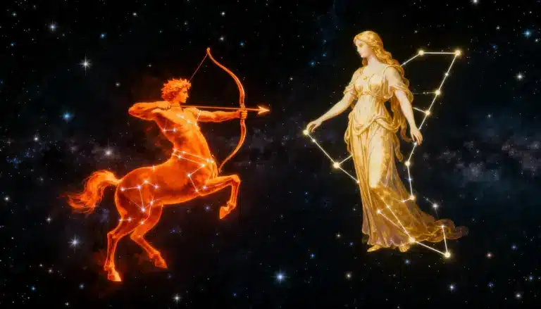 Illustration of zodiac signs with meanings, highlighting Sagittarius and Virgo among the twelve signs