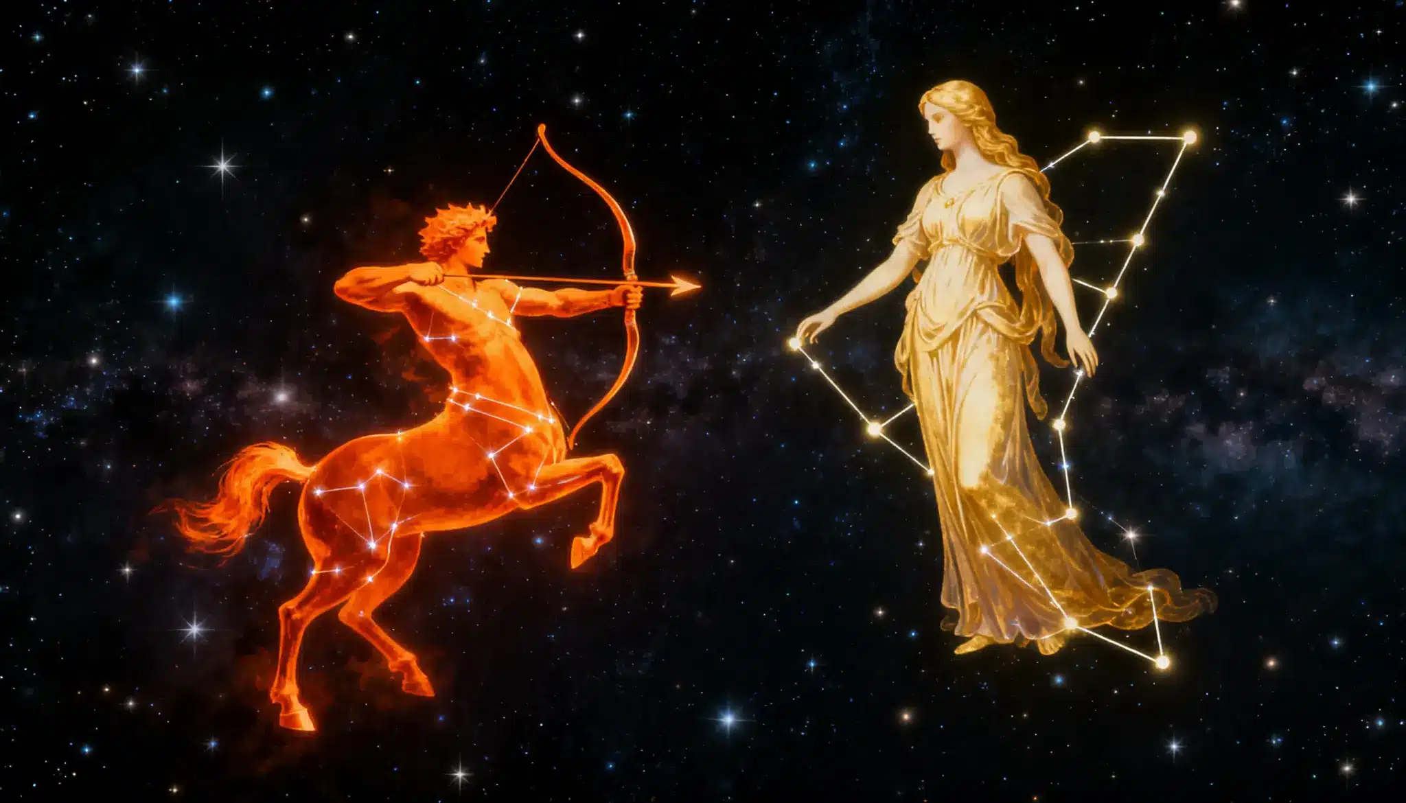 Illustration of zodiac signs with meanings, highlighting Sagittarius and Virgo among the twelve signs