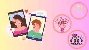 Illustration showing a couple on separate smartphone video calls with icons for romance, champagne, flowers, and wedding rings
