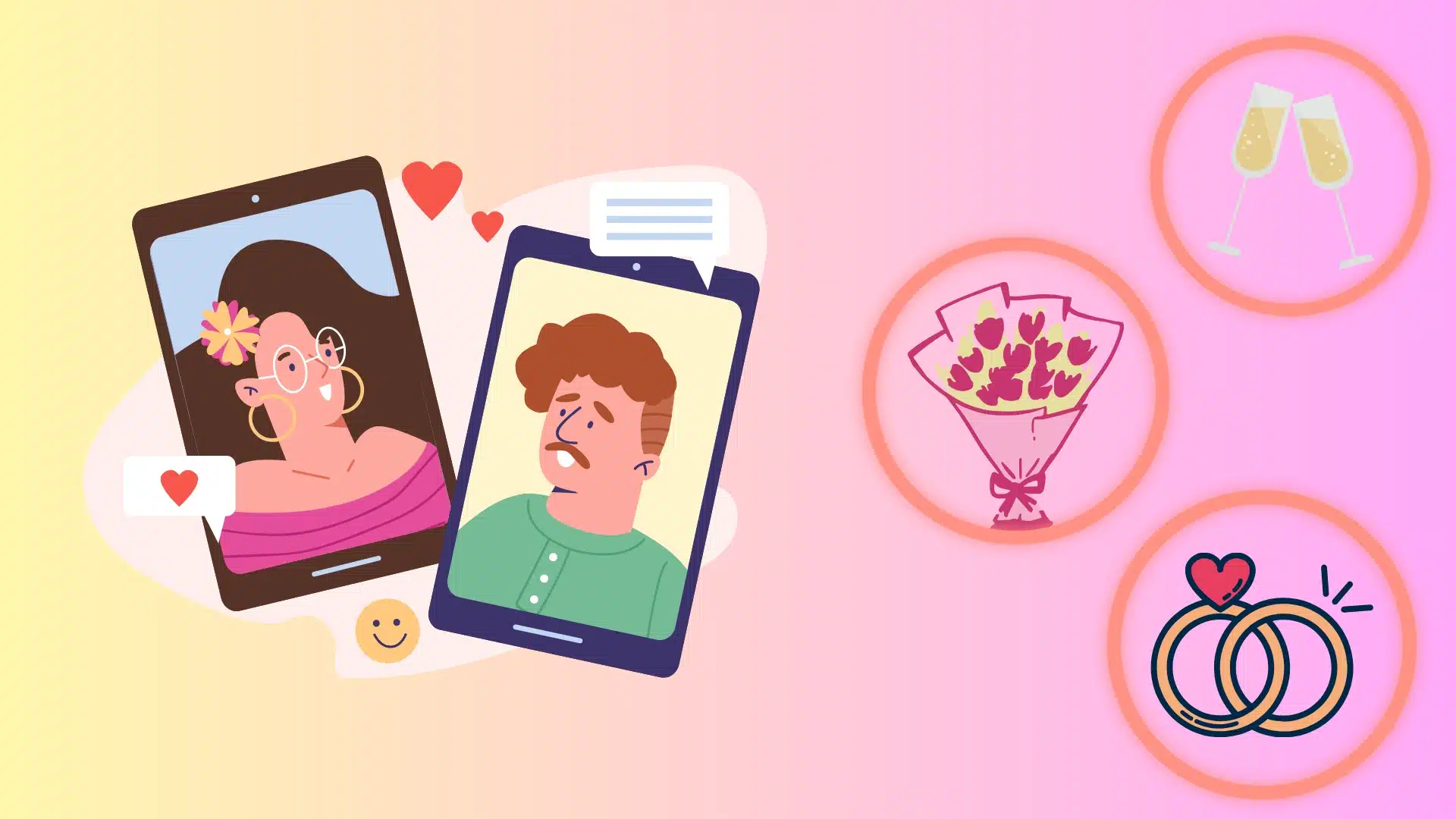 Illustration showing a couple on separate smartphone video calls with icons for romance, champagne, flowers, and wedding rings
