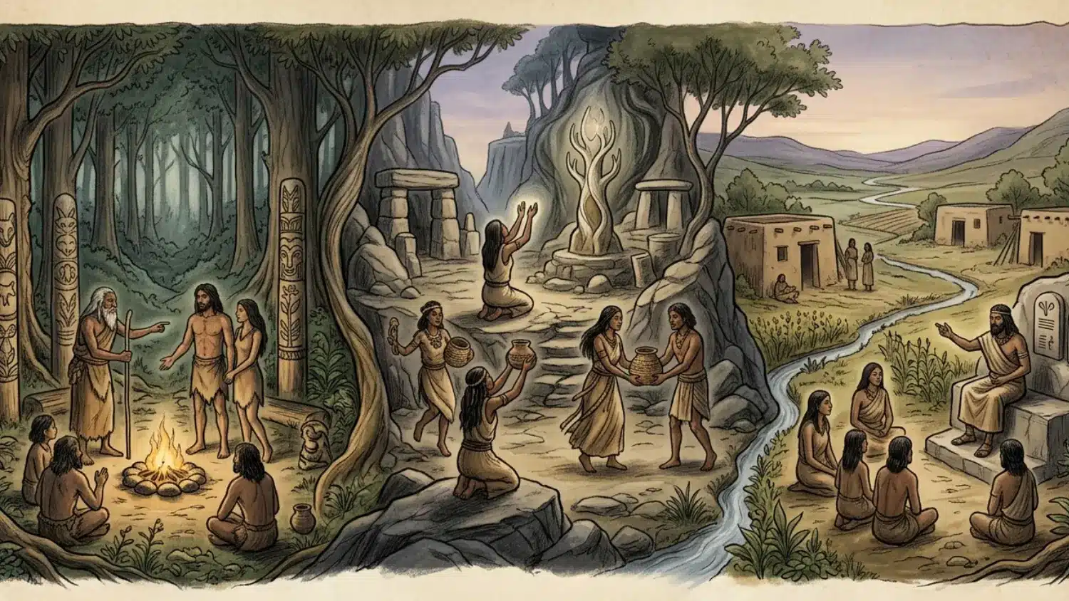 Image depicting scenes of early human life, including a forest gathering, ritual worship at a stone altar, and a teacher instructing villagers