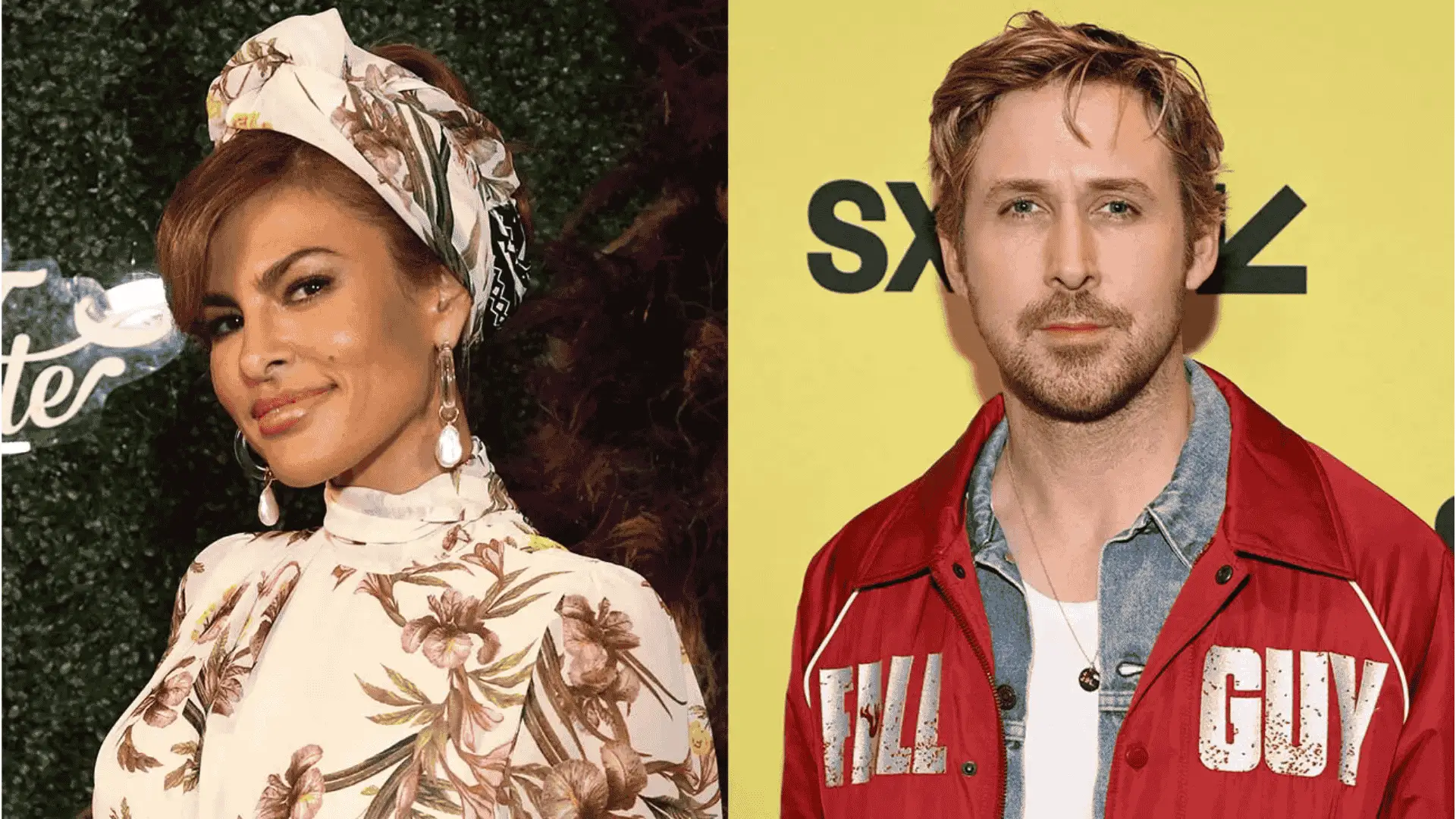 Image of Eva Mendes and Ryan Gosling at separate events, posing in front of red carpet and promotional backdrops