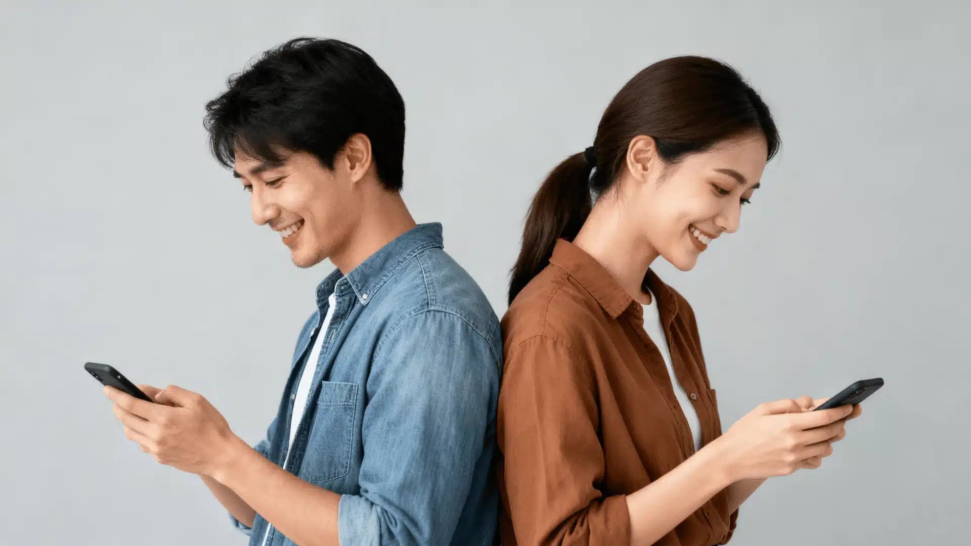 Man and woman standing back to back smiling while texting on their phones against a plain background