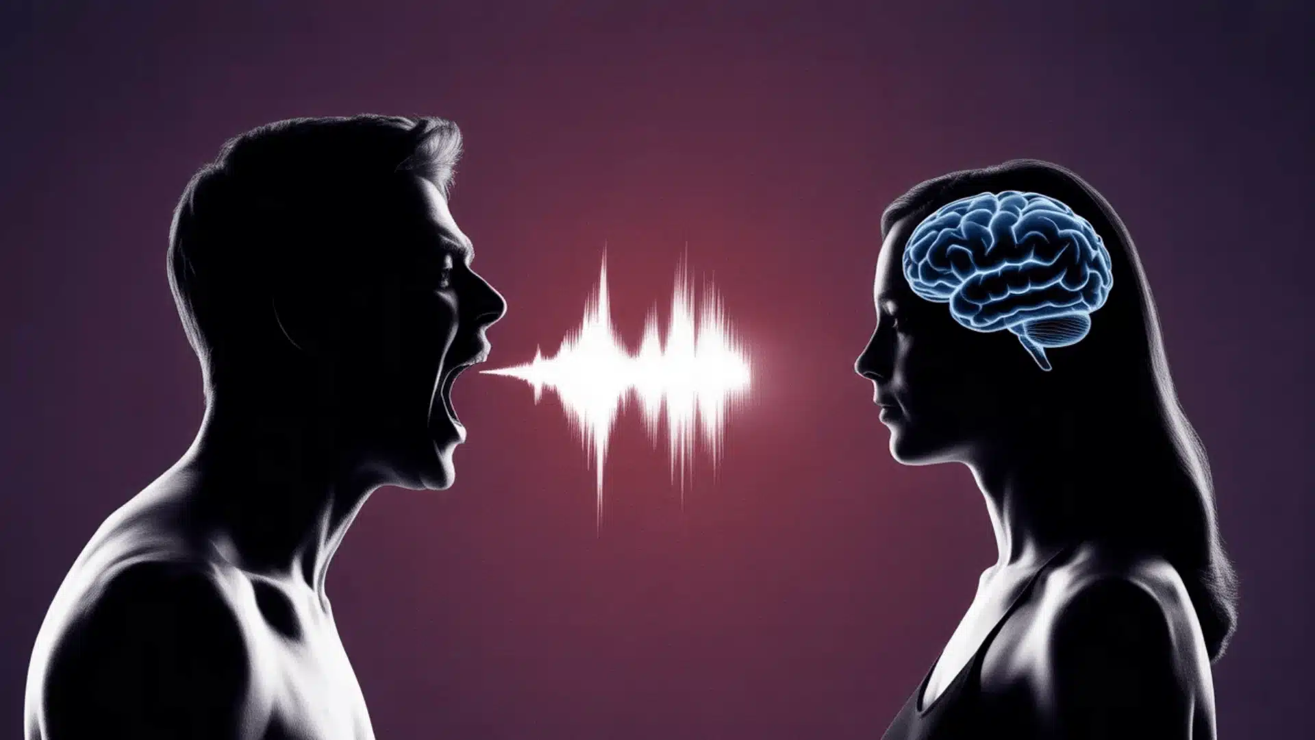 Man shouting at woman with soundwave between them, showing emotional impact and tension