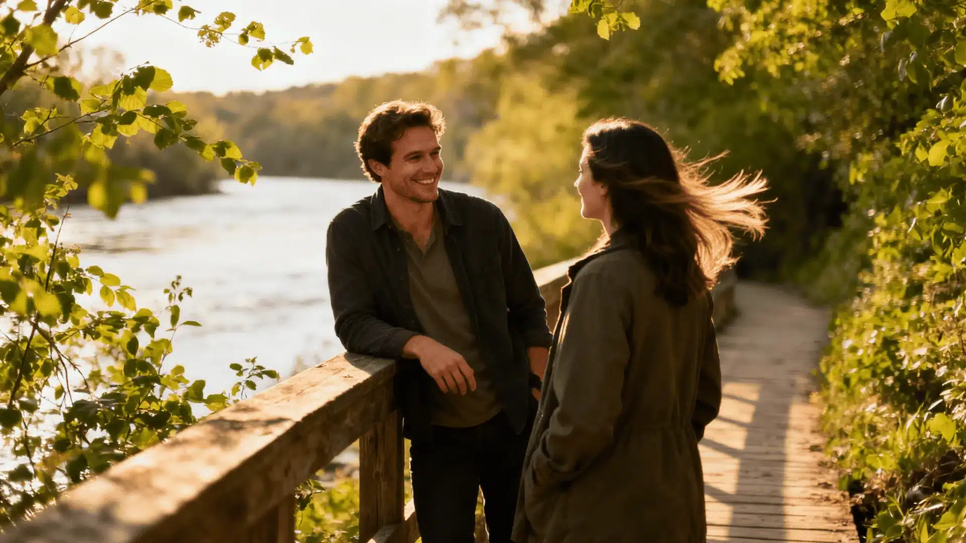 Man smiling and leaning on a railing while talking to a woman by a riverside walkway in daylight