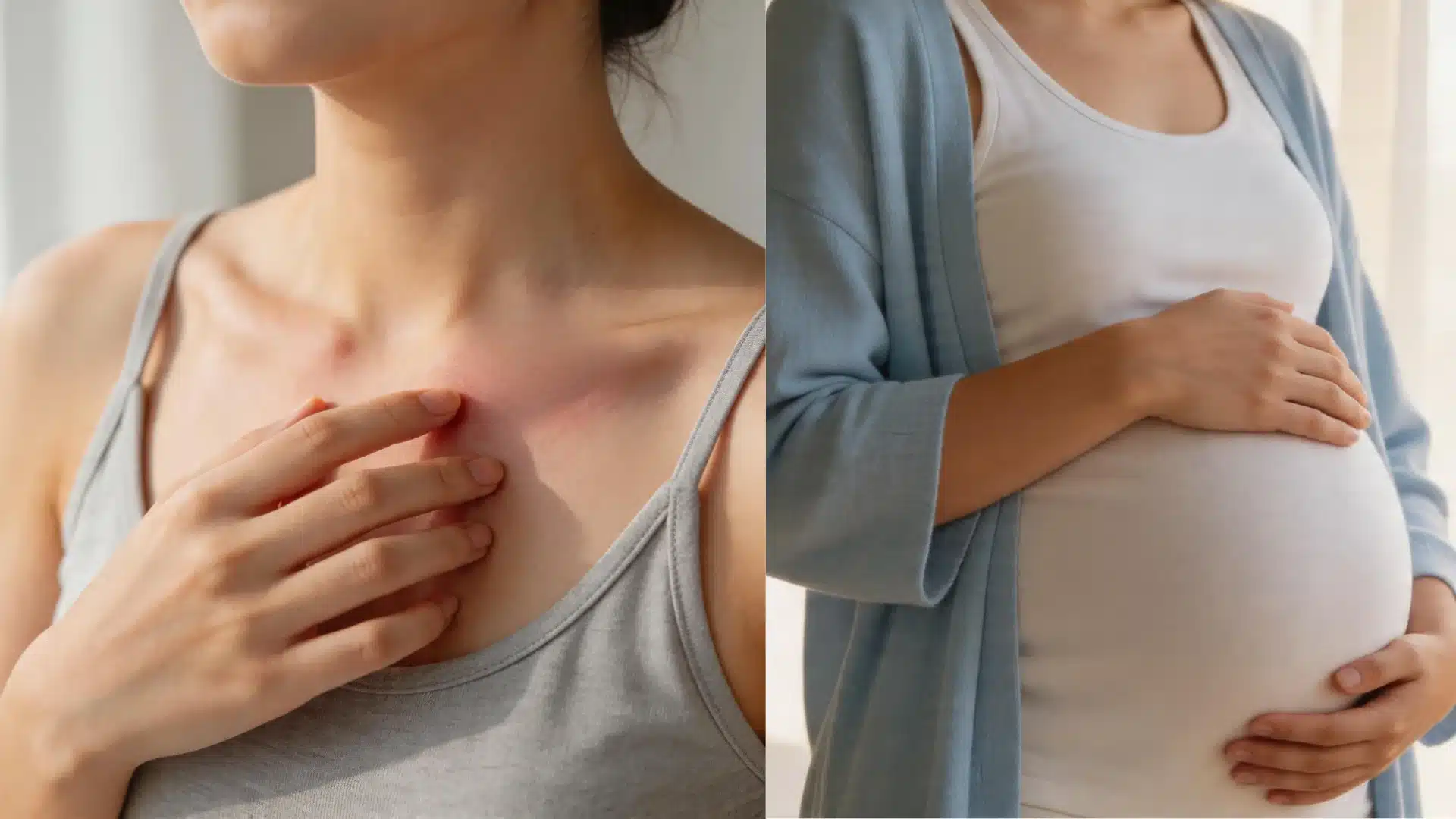 Pregnant woman in white top and light blue cardigan holds her belly while standing by a window in a bright sunny room