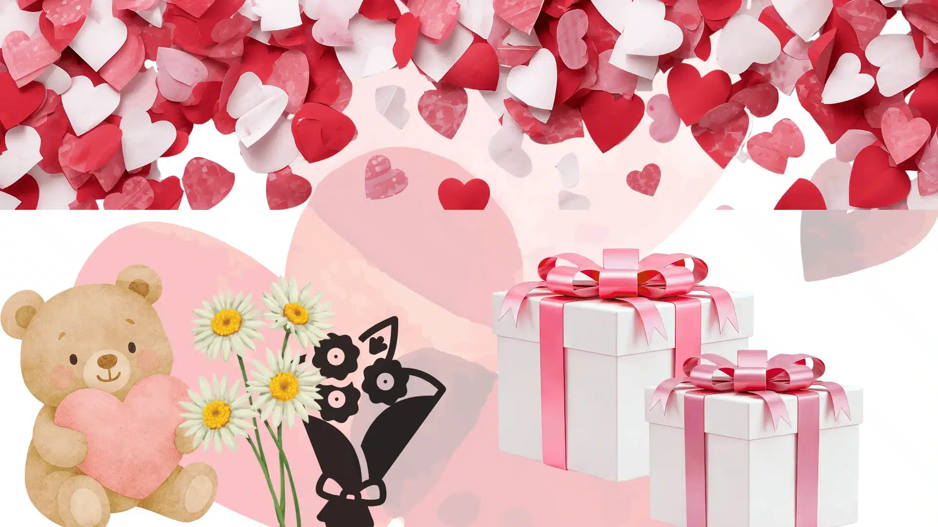 Red and white hearts falling above gifts, flowers, teddy, and cat illustration on soft pink background