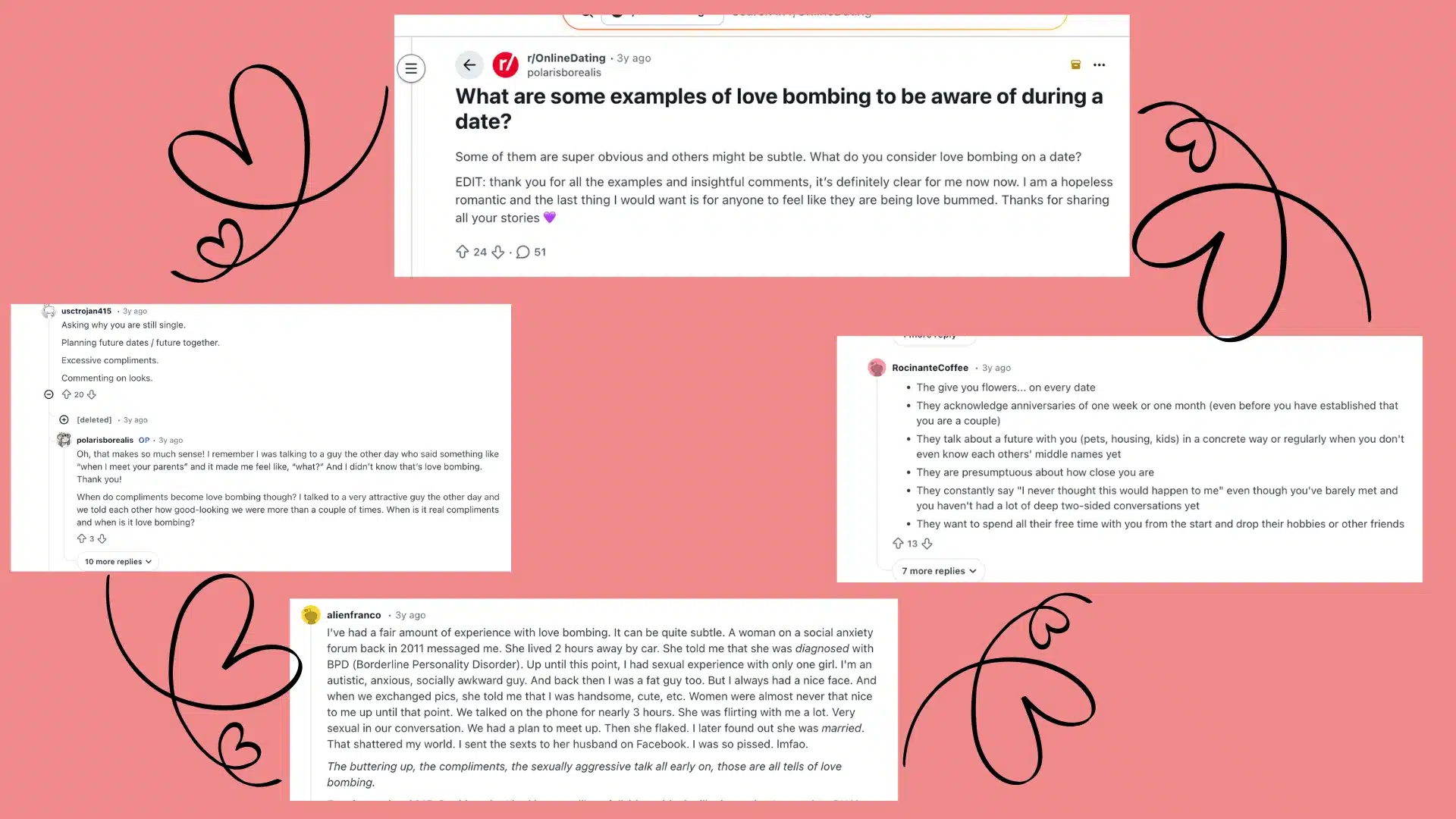 Reddit thread showing users discussing signs and examples of love bombing behavior