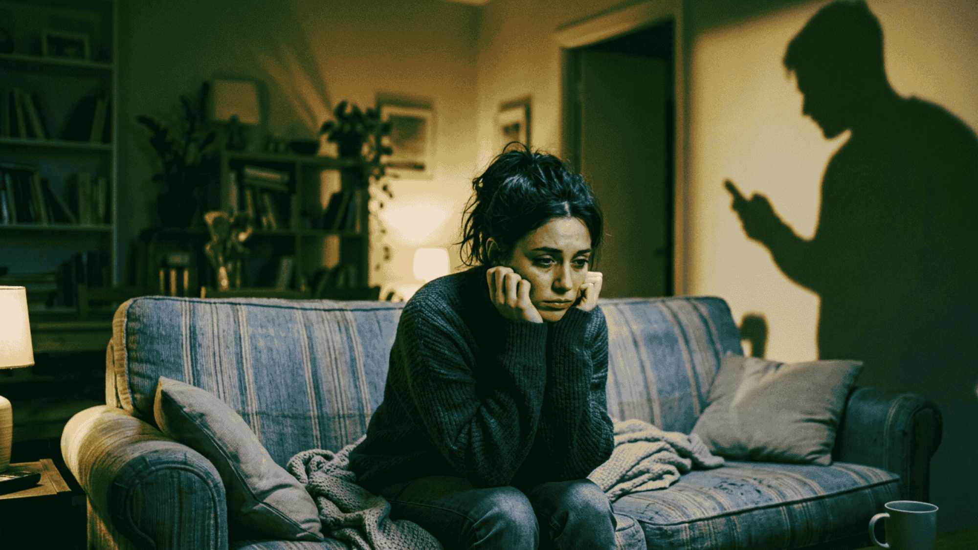 Sad woman on couch with shadow of man checking phone behind her, showing control