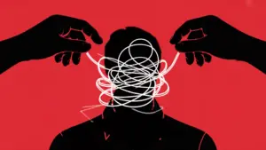 Silhouette figure with tangled white strings around head, controlled by two hands on red background