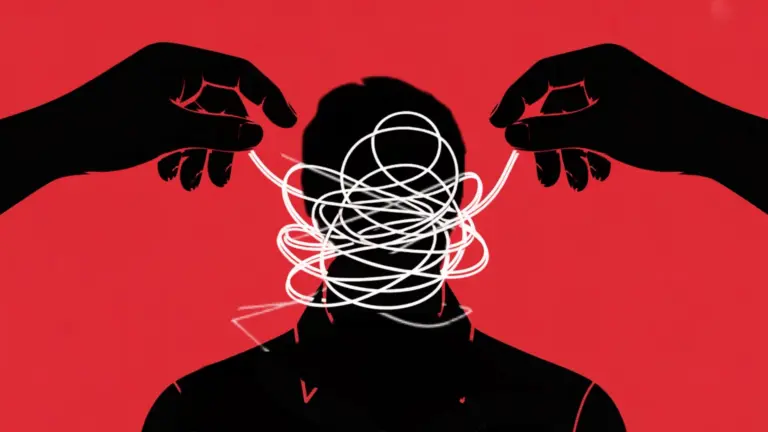 Silhouette figure with tangled white strings around head, controlled by two hands on red background