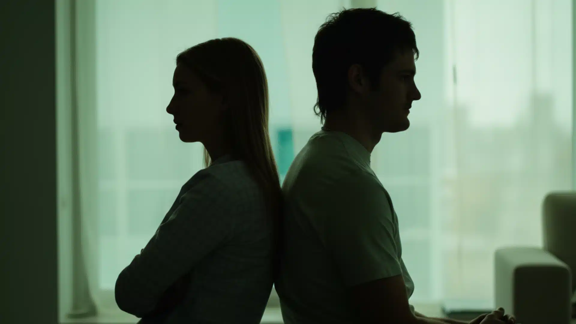 Silhouette of a couple sitting back to back in a dim room showing the emotional difference between love and lust in life