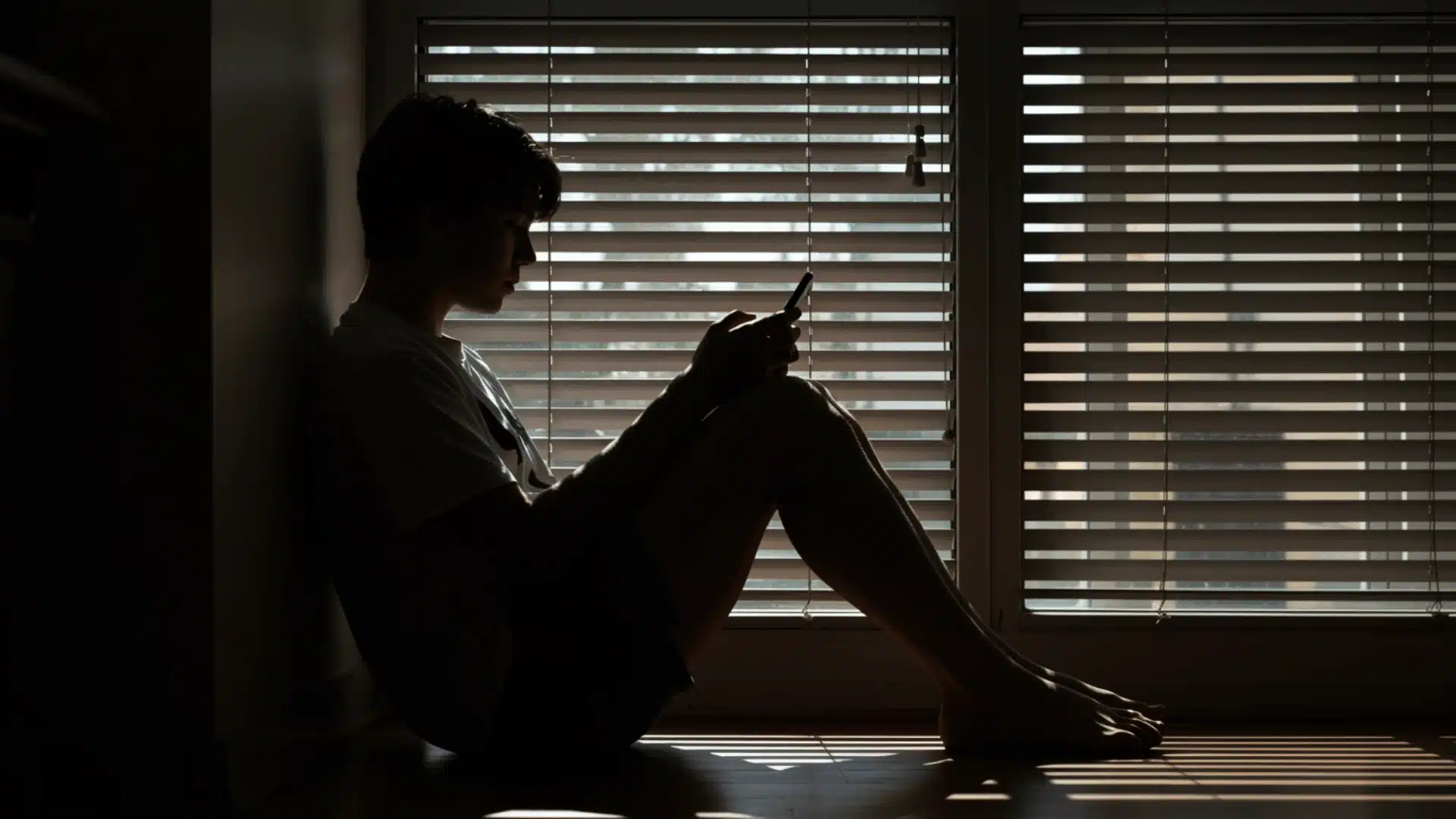 Silhouette of a person sitting by a window, looking at phone, with soft light through blinds creating shadows