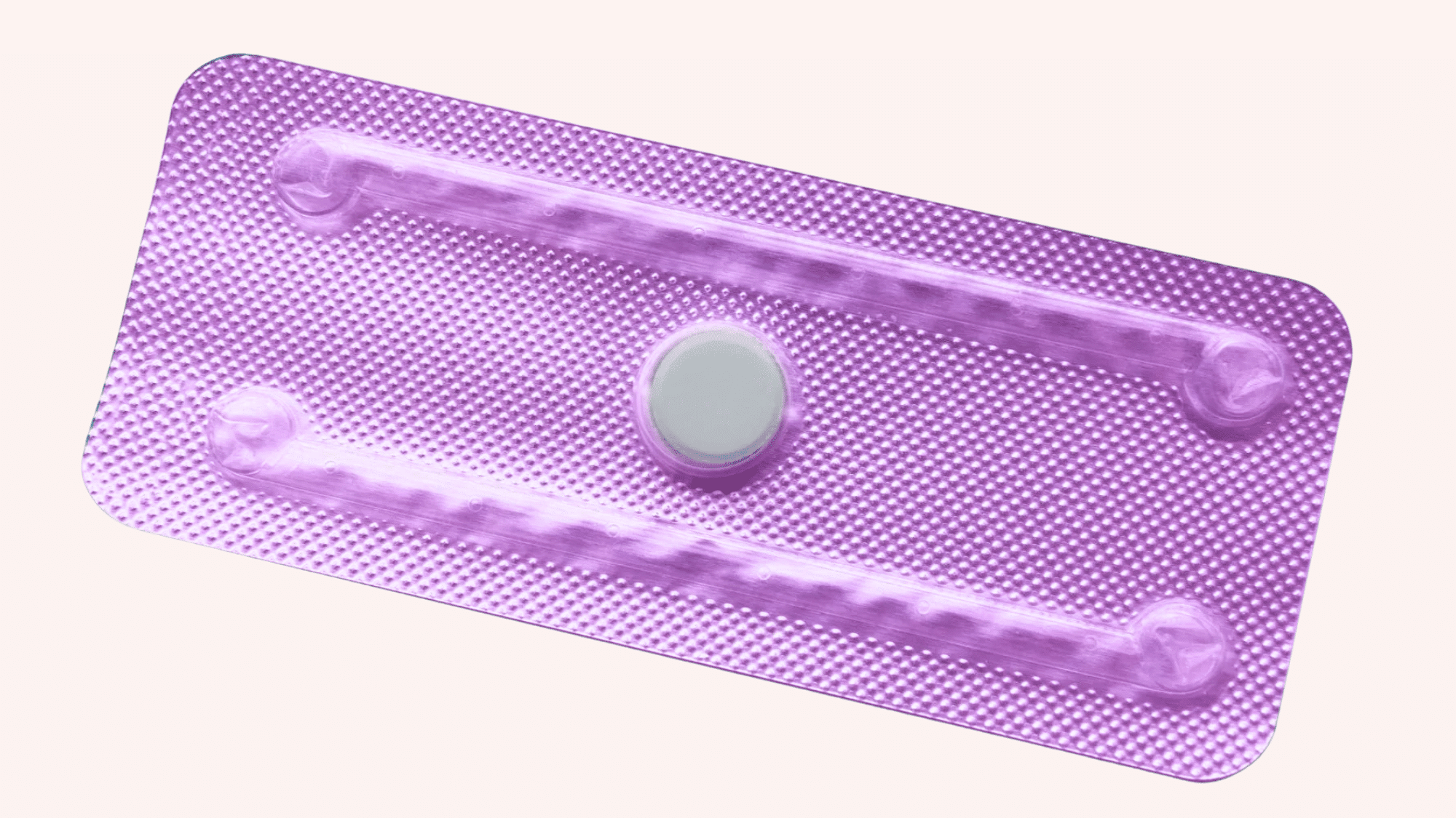 Single white pill in a purple blister pack against a bright cyan background.
