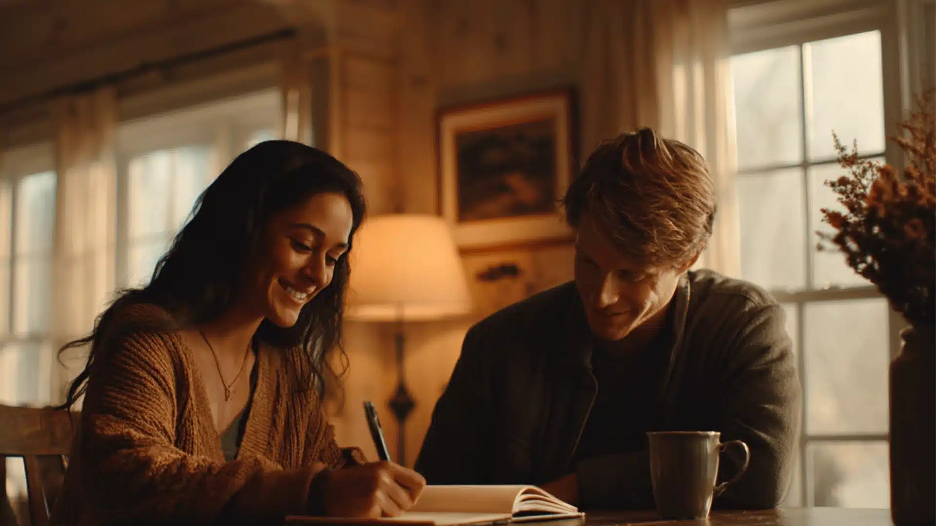 Smiling woman writes in a notebook while a man looks on by a table in a cozy lamp lit room with warm wooden architecture