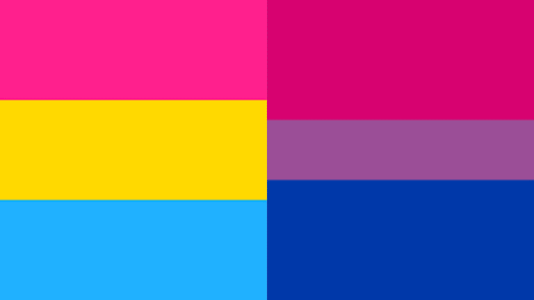 _Split image displaying the Pansexual flag on the left and the Bisexual flag on the right