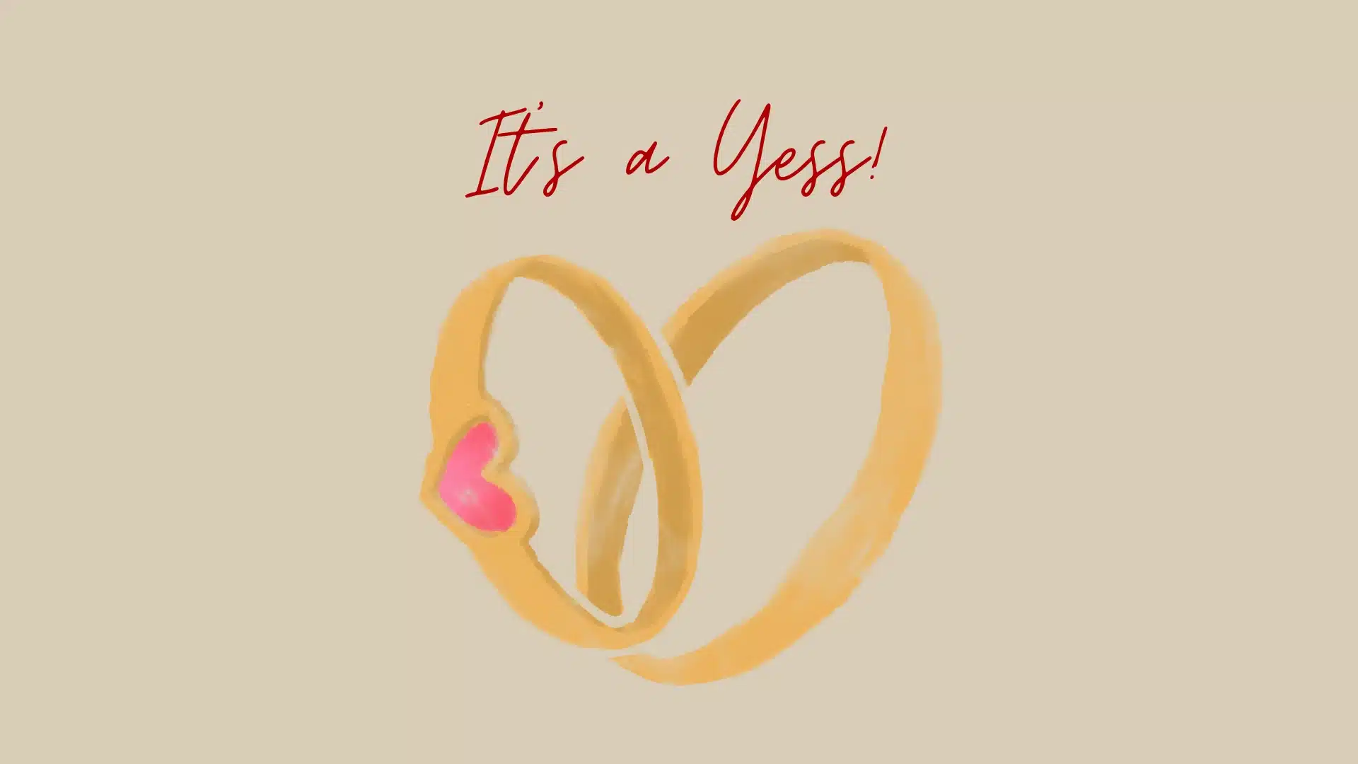 Text, It’s a Yes above two interlocked rings, one with a pink heart, on a beige background, symbolizing engagement or acceptance