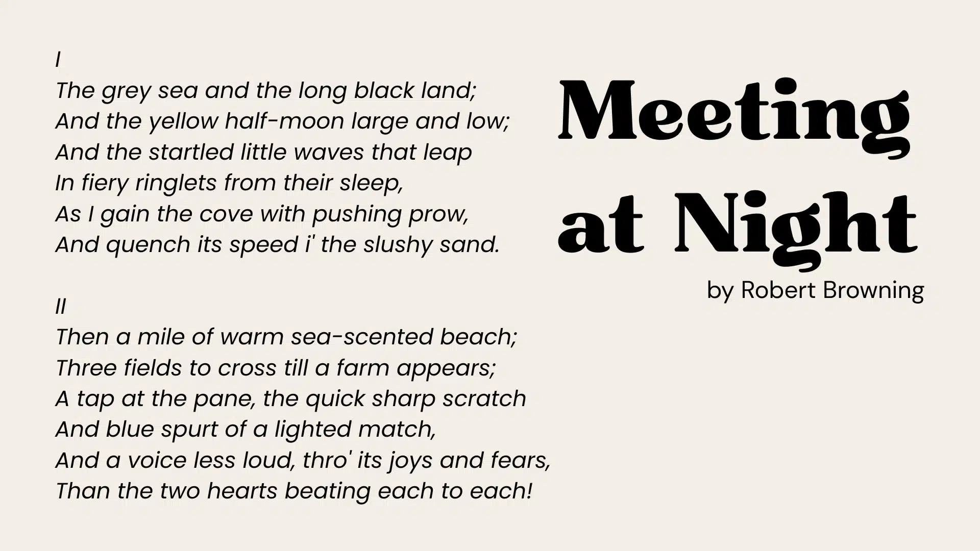 Text display featuring Robert Browning's poem “Meeting at Night_ on a cream background with large black title text