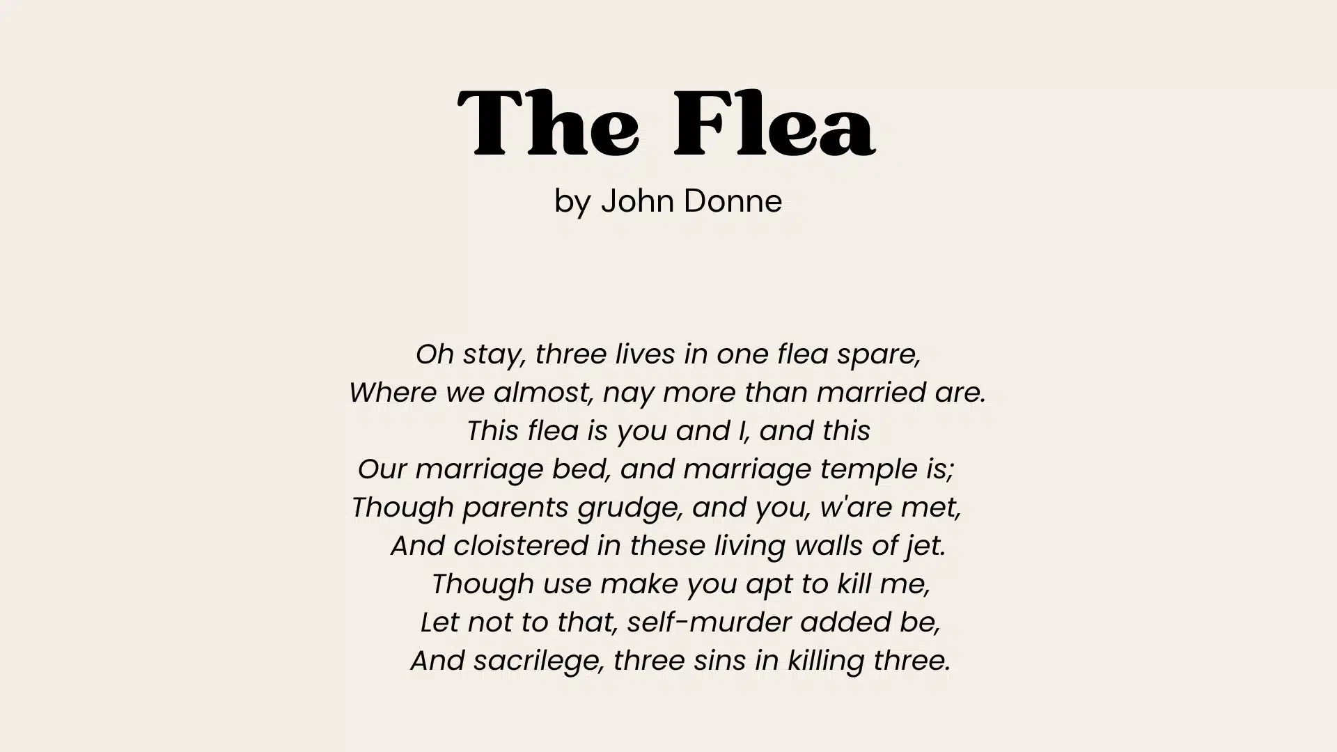 Text excerpt from John Donne's poem _The Flea_ displayed in black serif font against a light beige background