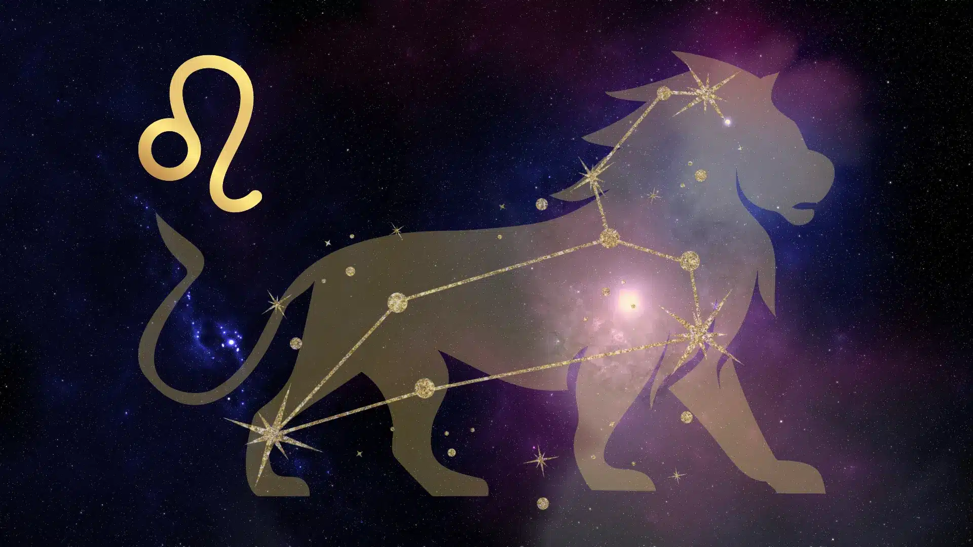 The golden Leo zodiac symbol and constellation silhouette against a deep space background filled with stars