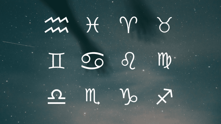 Twelve white zodiac symbols displayed against a dark, starry night sky background with faint cloud and shadow outlines
