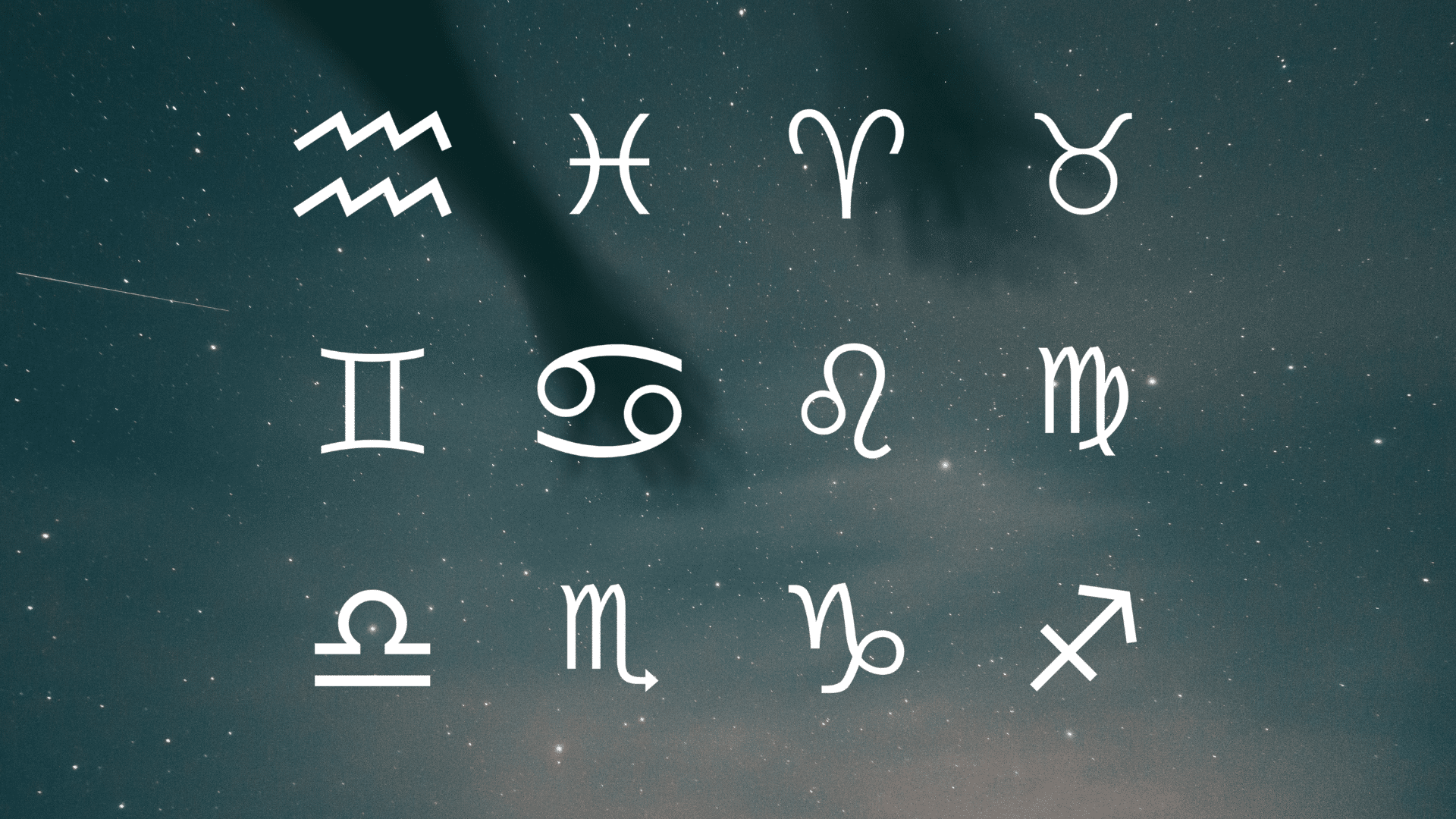 Twelve white zodiac symbols displayed against a dark, starry night sky background with faint cloud and shadow outlines