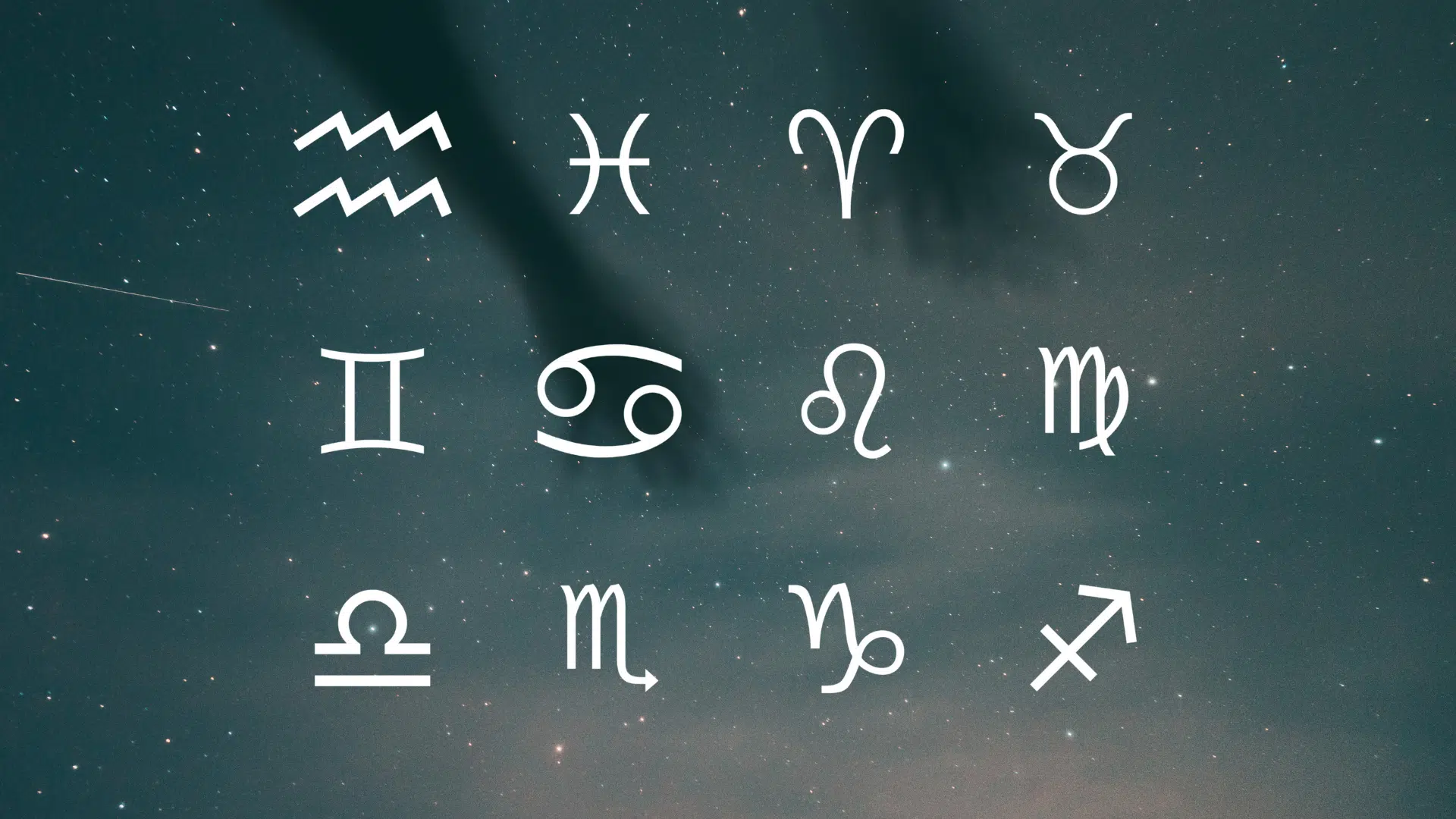 Twelve white zodiac symbols displayed against a dark, starry night sky background with faint cloud and shadow outlines