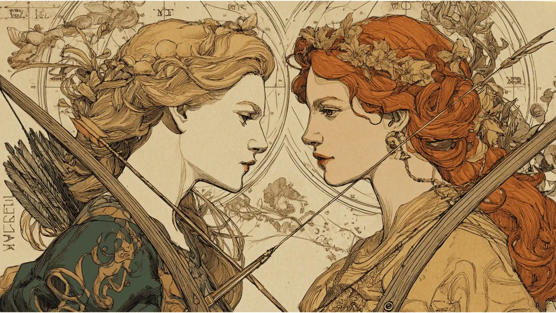 Two women with red and blonde hair and bows look at each other, embodying the Virgo and Sagittarius zodiac signs