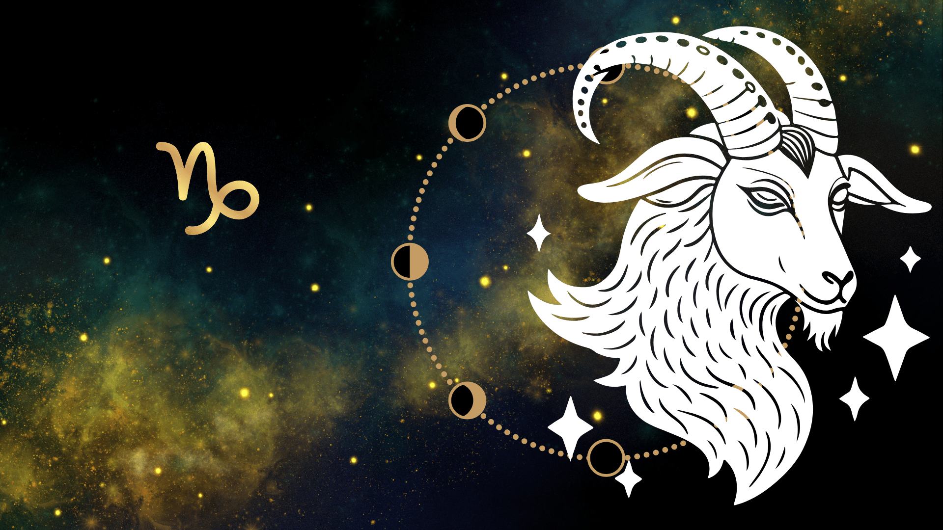 White line art illustration of the Capricorn zodiac sign, featuring a goat’s head, the symbol, and moon phases against a dark, starry background