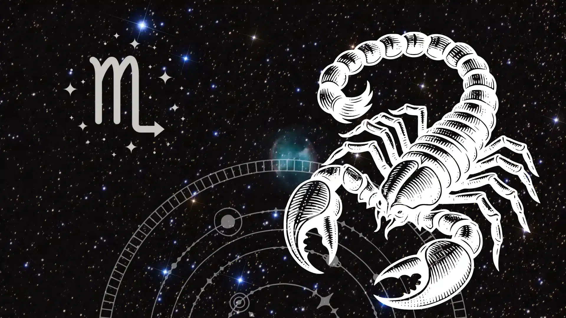 White line art of a scorpion and the Scorpio zodiac symbol against a dark, starry night sky with celestial markings