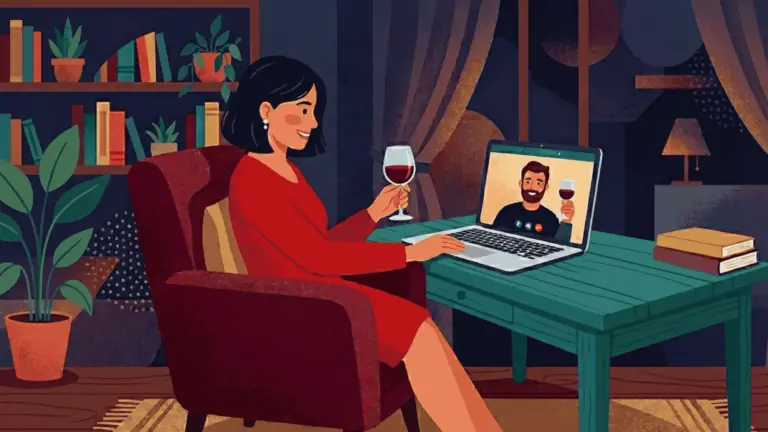 Woman in a red dress enjoying a virtual wine call with a bearded man on a laptop in a cozy, dimly lit room