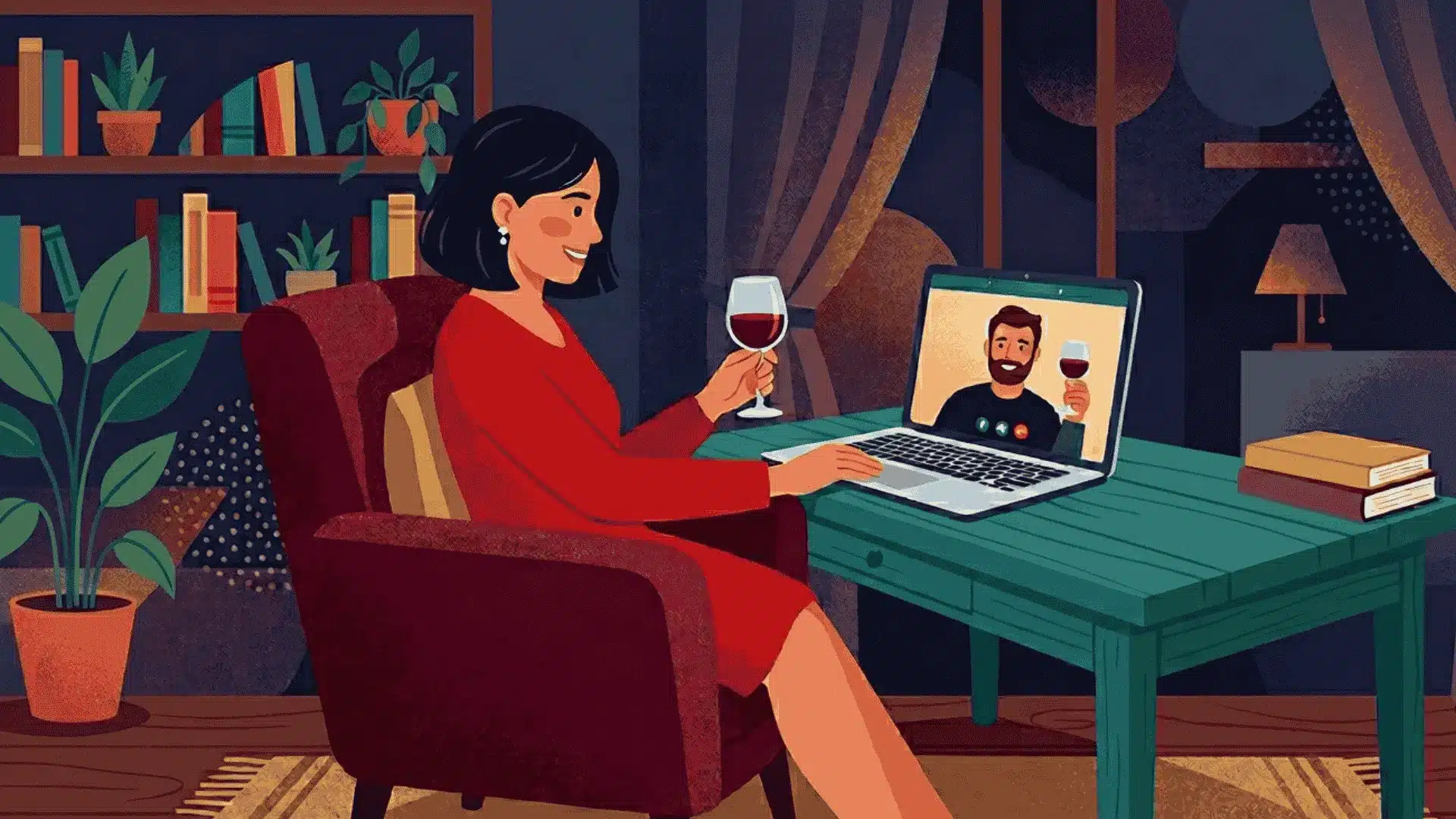 Woman in a red dress enjoying a virtual wine call with a bearded man on a laptop in a cozy, dimly lit room