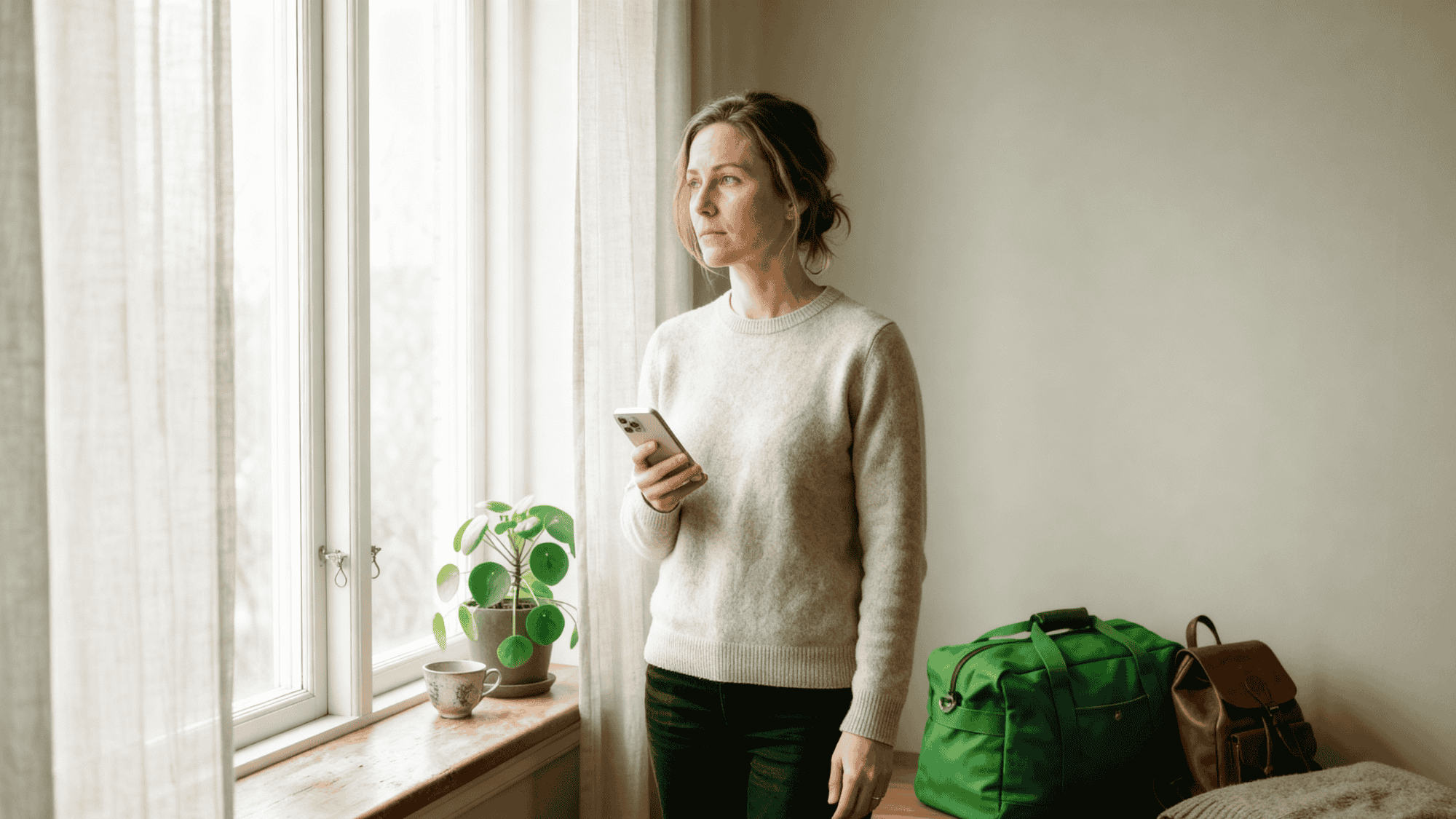 Woman stands by window with packed bag, showing strength and readiness to leave control
