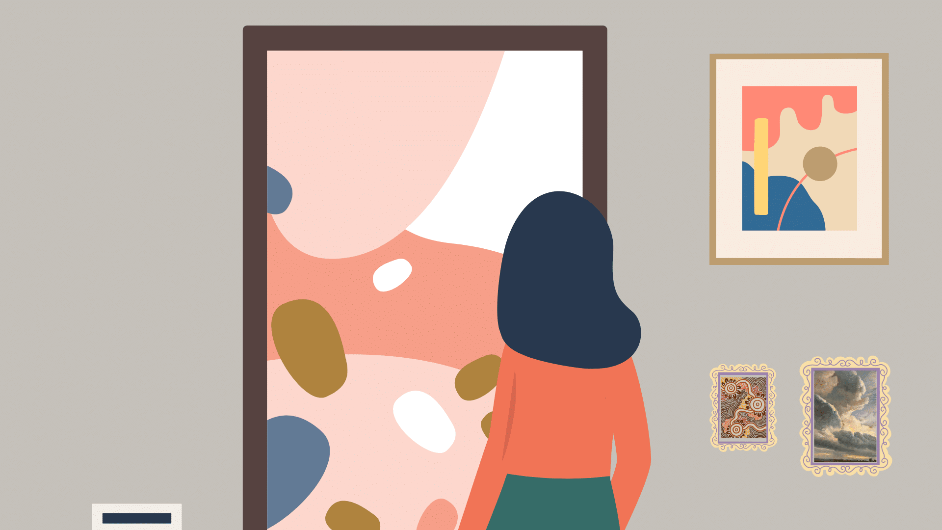 Woman with dark hair viewed from behind stands looking at a large abstract painting featuring pink, white, and brown shapes