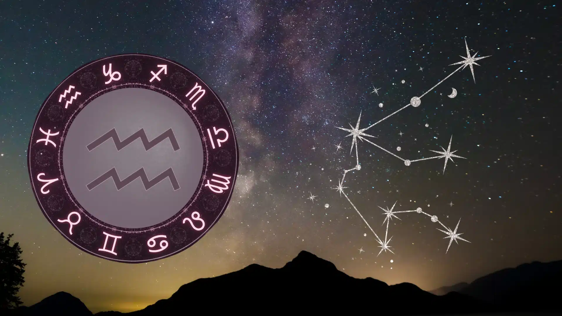 Zodiac wheel with the Aquarius symbol on a night sky featuring a prominent constellation against a silhouetted mountain range