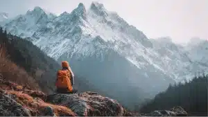 a hiker with an orange backpack sits on a rock facing massive snowy mountains and a valley during a cold overcast day (1)
