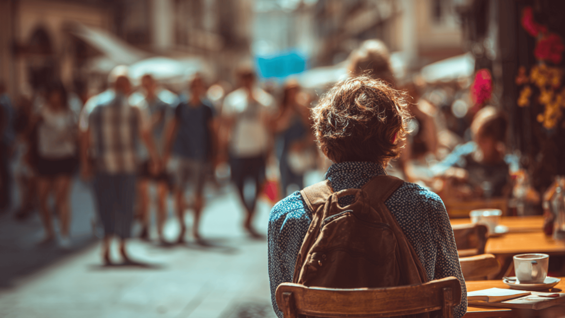 a person with a backpack sits at an outdoor cafe table watching people walk through a sunlit European city street alley