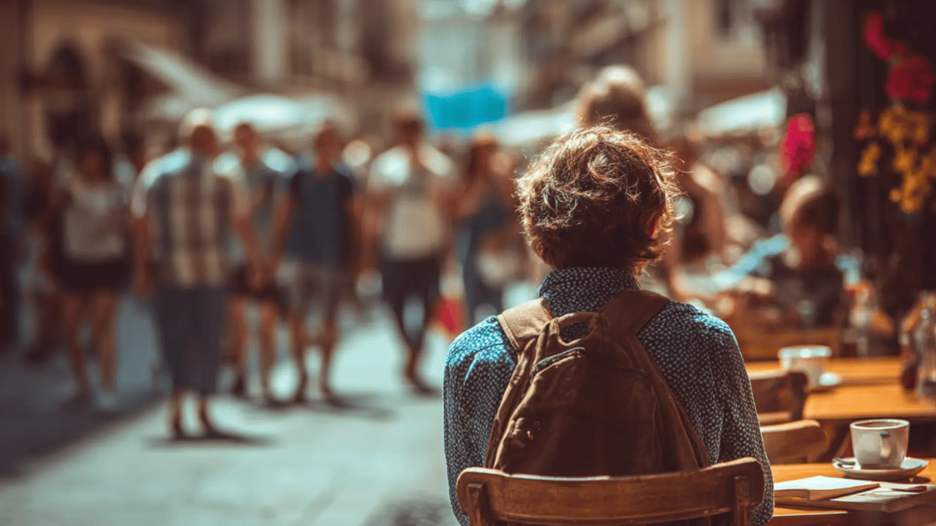 a person with a backpack sits at an outdoor cafe table watching people walk through a sunlit European city street alley