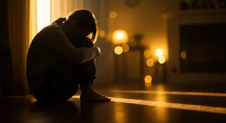 A silhouette of a woman sitting huddled on a dimly lit wooden floor with warm backlighting and soft bokeh in the background