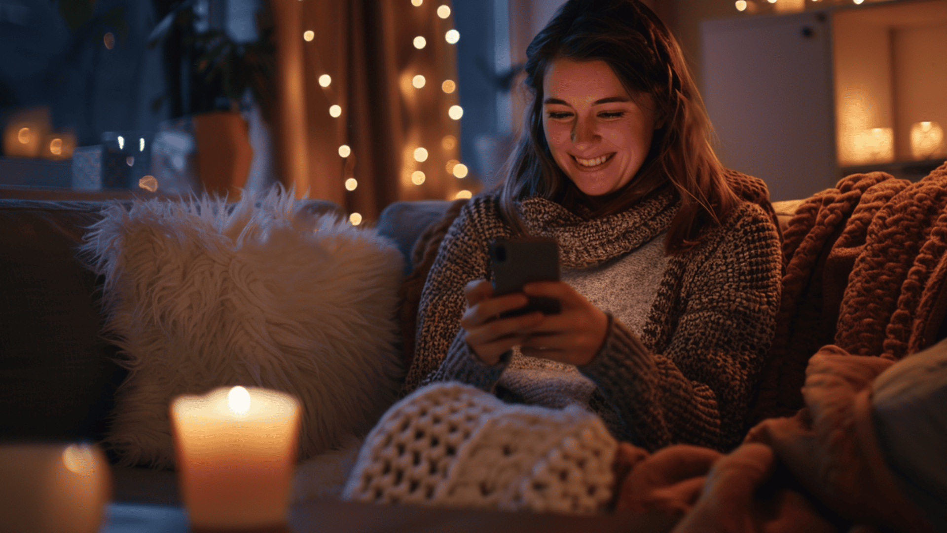 a smiling woman sits on a cozy couch at night using her phone while surrounded by warm string lights and a glowing candle