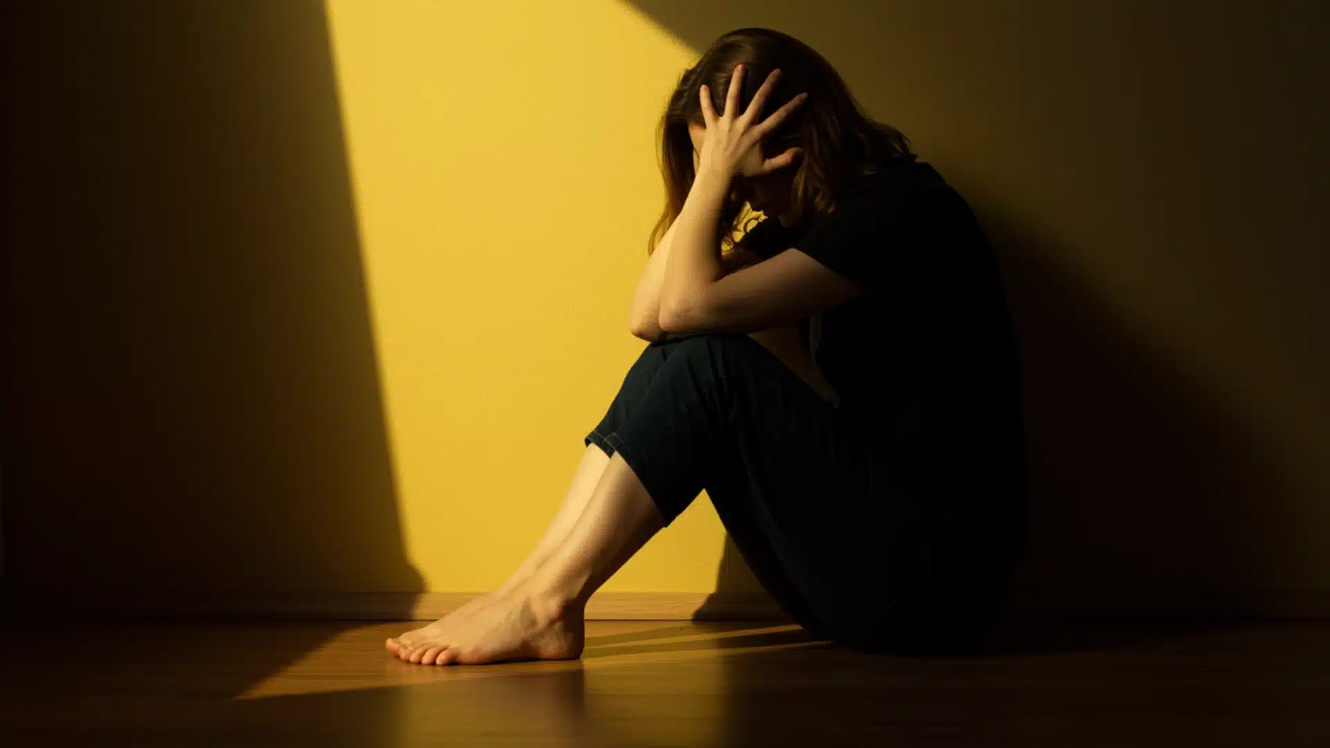 A woman sitting hunched over on a dark wooden floor against a bright yellow wall, covering her face with her hands in shadow