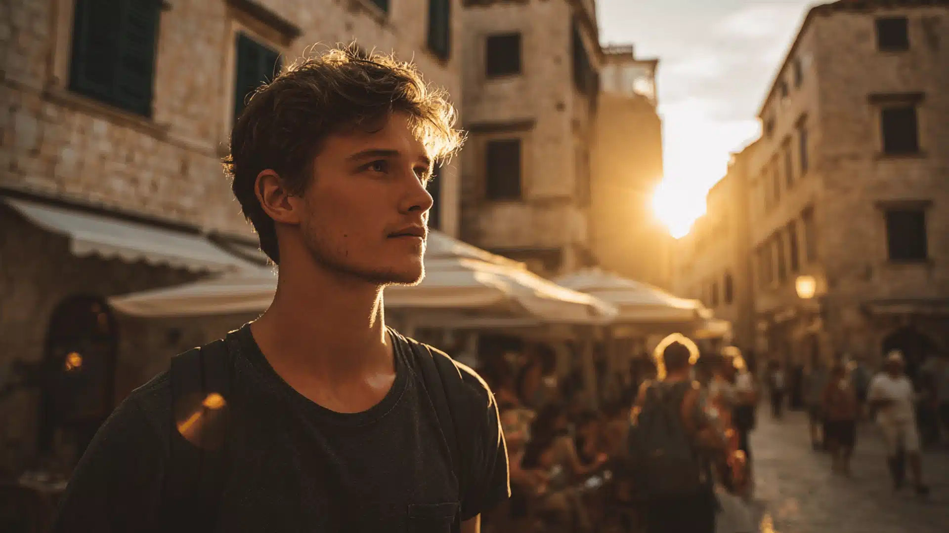 a young man with a backpack looks off to the side while standing in a stone paved square during a warm glowing sunset (2)