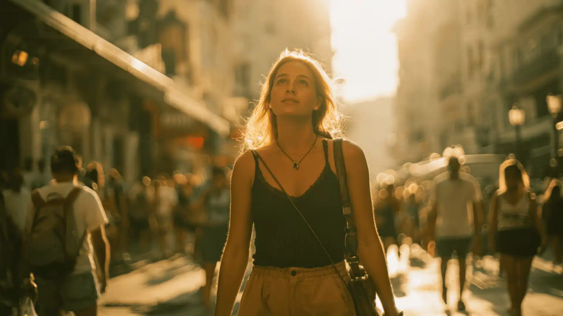 a young woman walks down a busy city street in the golden light of sunset looking up with a thoughtful calm expression (1)