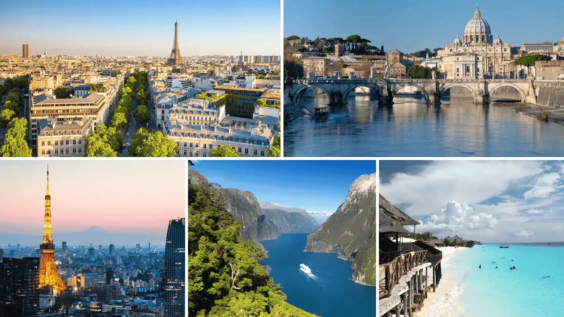 collage of five travel scenes including the eiffel tower rome skyline tokyo tower and a tropical white sand beach (1)