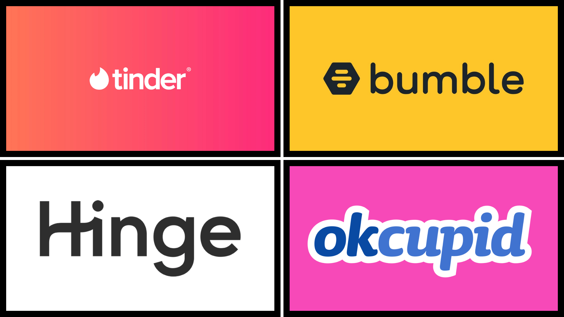 collage of four colorful blocks featuring logos for dating apps tinder on orange bumble on yellow hinge and okcupid on pink (2)