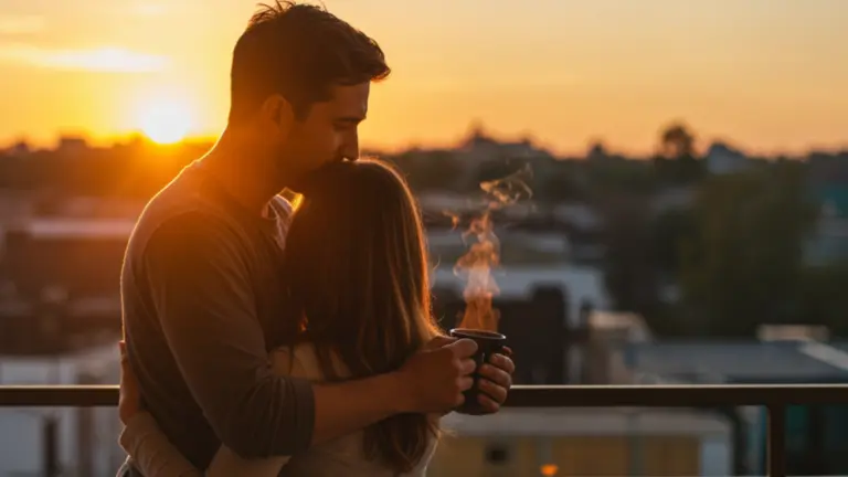 Couple enjoying coffee together while watching a vibrant sunset from a rooftop.
